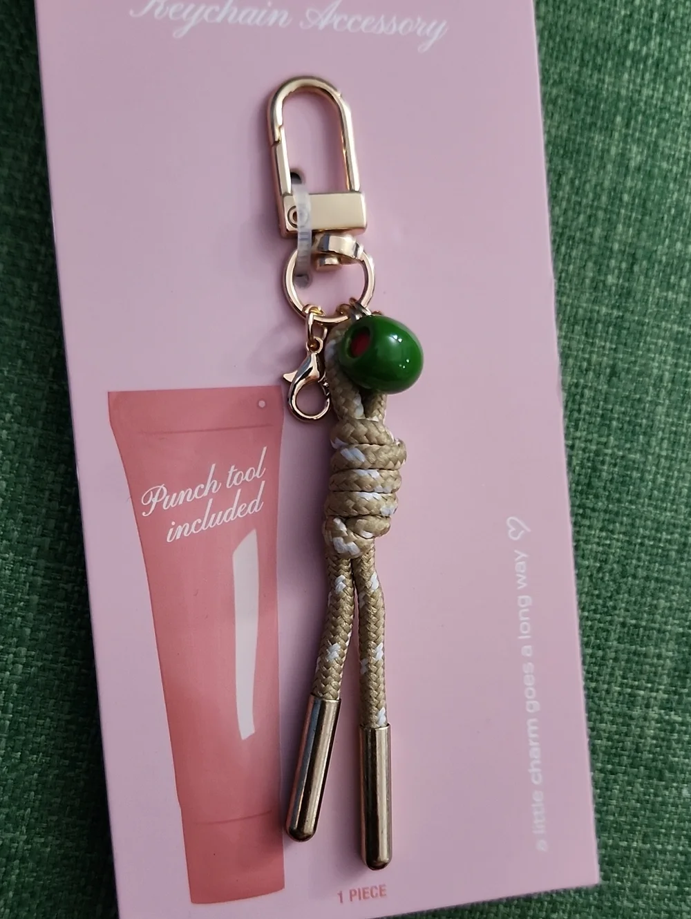 Lip Charms Tan Keychain Accessory with Green Bead